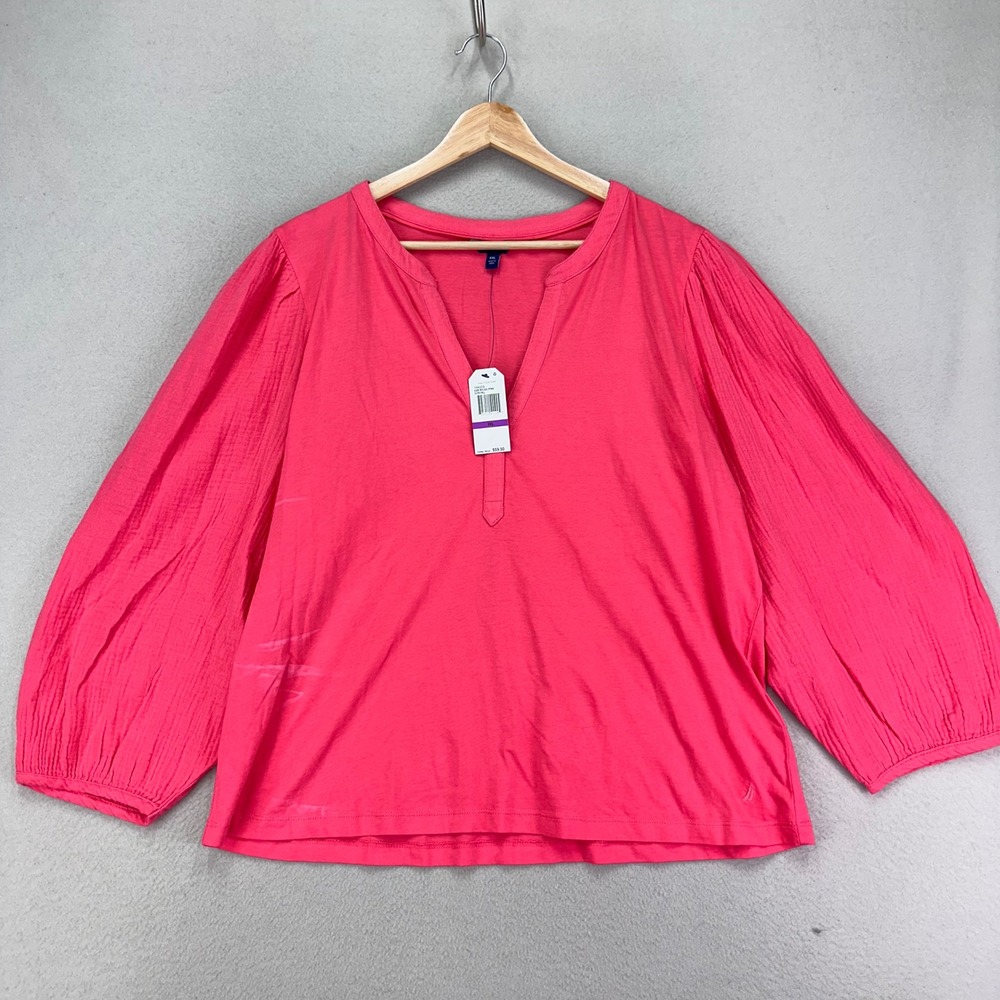Nautica Shirt Blouse Womens XXL Pink NEW‎ Cotton Puff Sleeve